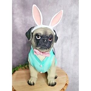 Easter Bunny Pug Dog Figure‎ Statue Ears Pink Bow Tie 11" Resin Spring Puppy NEW